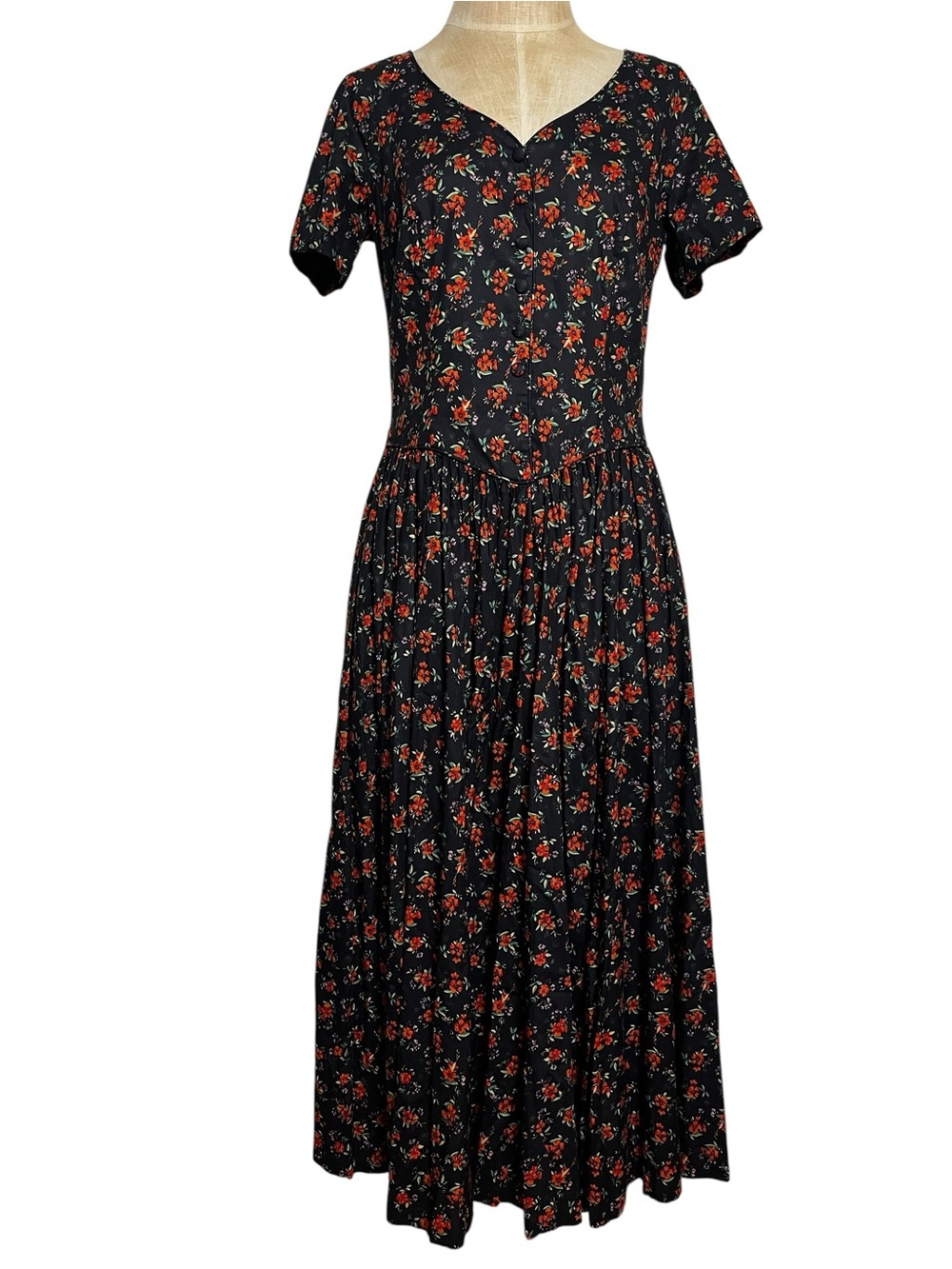 Vintage Laura Ashley Black Floral Basque Waist Cotton Midi Dress Cottagecore 8